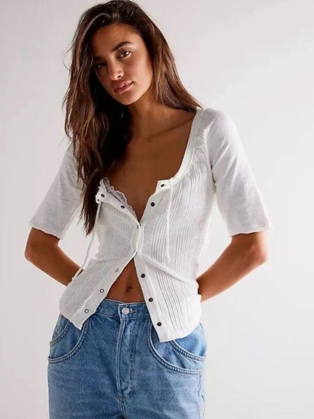 Free People White Ribbed Button-Down Henley Top